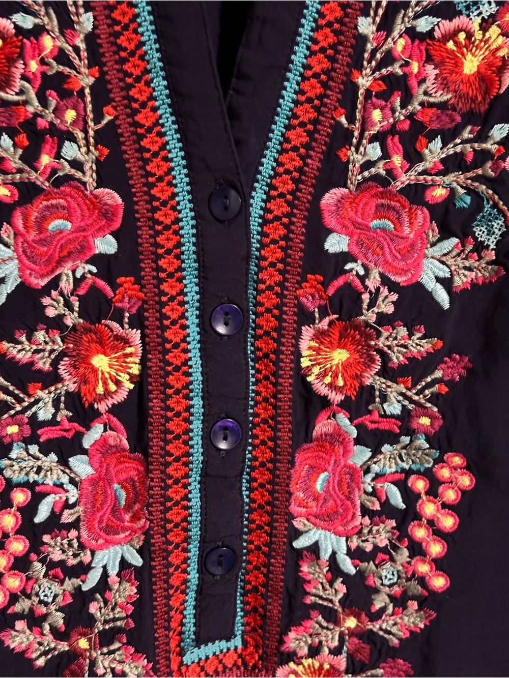 Navy Embroidered V-Neck Tunic with Multicolored Floral Detail - Picture 4 of 9